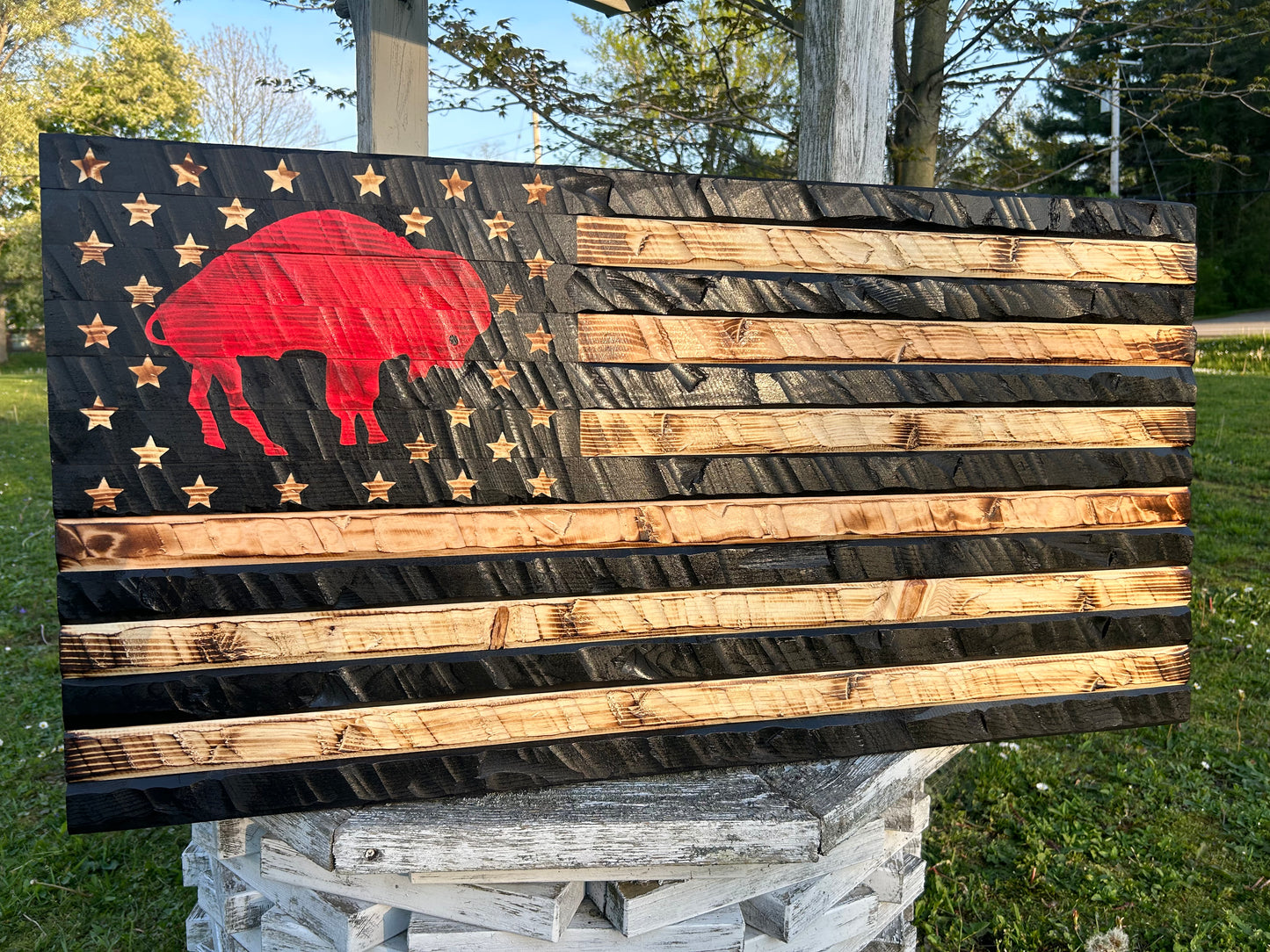 Burnt Buffalo Hand Carved Flag